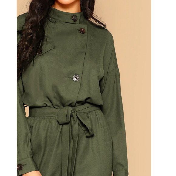 Drop Shoulder Asymmetrical Button Front Belted Jumpsuit - Picture 3 of 14